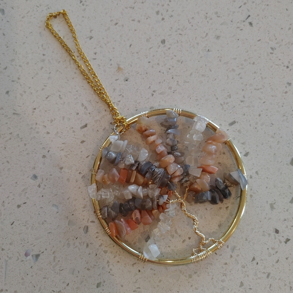 Gold `Tree of Life` Gemstones Pendant Hanging Charm